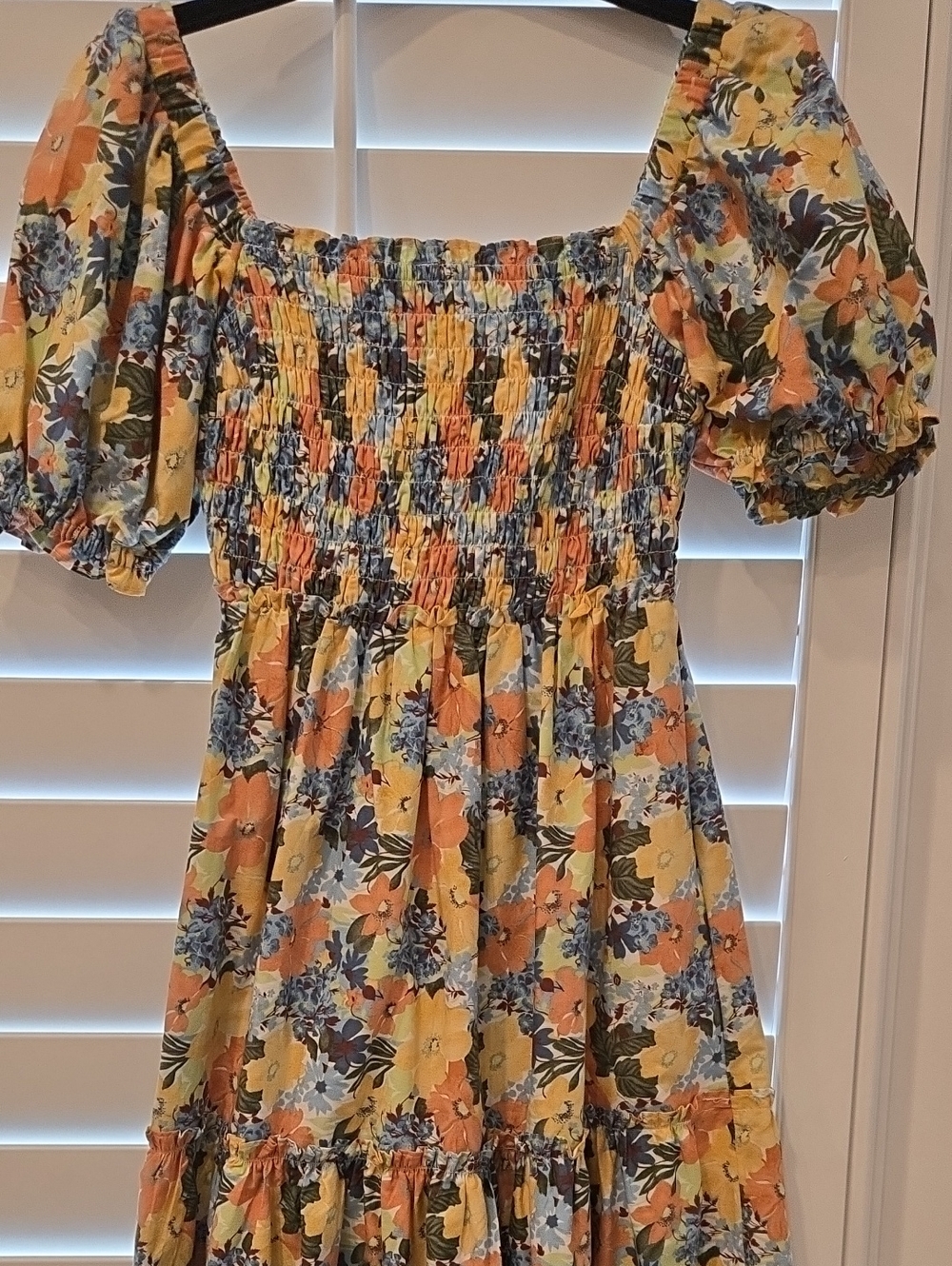 Abercrombie & Fitch Emerson Smocked Puff Sleeve  Midi Dress in Yellow & Orange